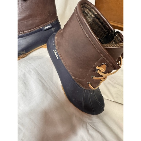 SKECHERS  DUCK BOOT WOMEN Sz8Blue Vegan Flannel Lined Leather Ties Pond Wash Out - Picture 6 of 9